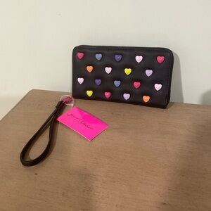 Betsey Johnson Black Faux Leather Wrist Wallet with Colorful Heart Gem Accents